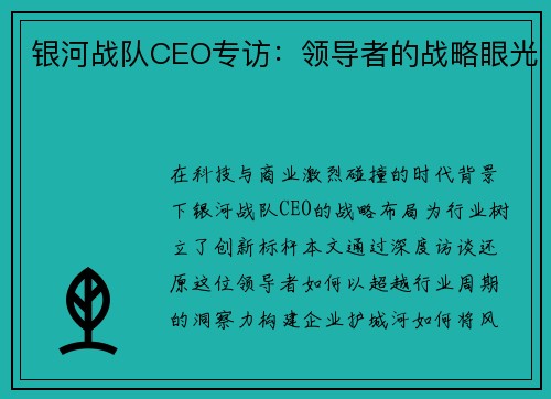银河战队CEO专访：领导者的战略眼光